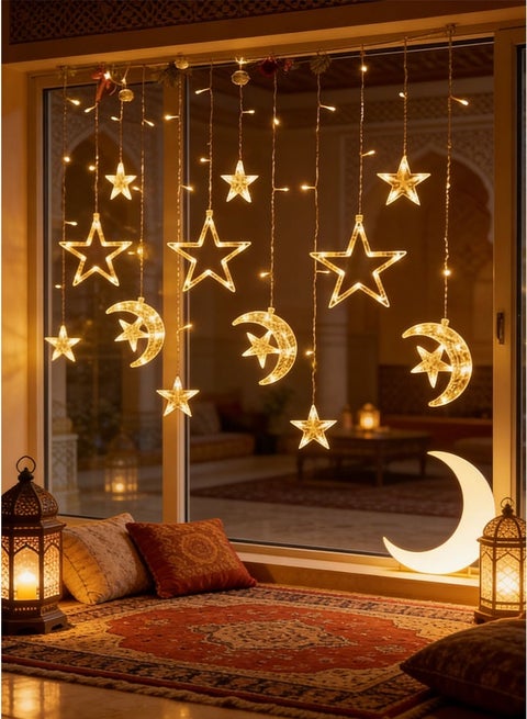 زينة رمضان ، نوافذ أضواء سلسلة الزخرفية ، 3.5 متر 12 ليد ستار القمر سلسلة الستار أضواء لعيد الشكر عيد الميلاد هالوين رمضان عيد مبارك هالوين ديكور المنزل